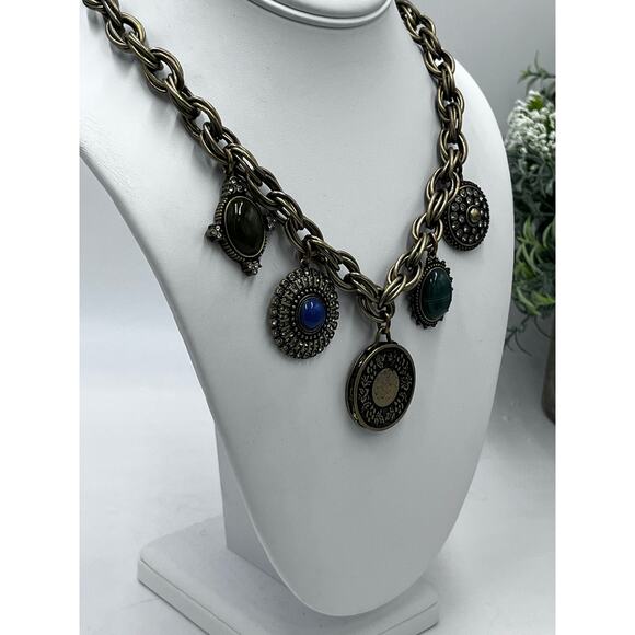 LOFT Charm Statement Disc Boho Green Blue Cabochon Medallion 
Chunky Necklace - Picture 7 of 8